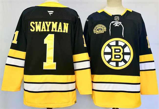 Mens Boston Bruins #1 Jeremy Swayman Black 100th Anniversary Stitched Hockey Jersey